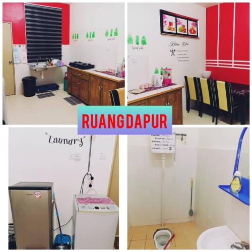 un collage de quatre photos d'une chambre avec salle de bains dans l'établissement QHALIF GUEST HOUSE GAMBANG HOMESTAY, à Gambang