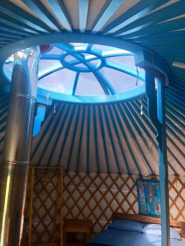 a room with a blue ceiling with a window at Glamping Yurts near Newquay in Newquay