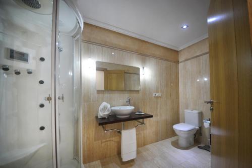 a bathroom with a sink and a toilet and a shower at Apartamento Rego da Balsa in Carballo