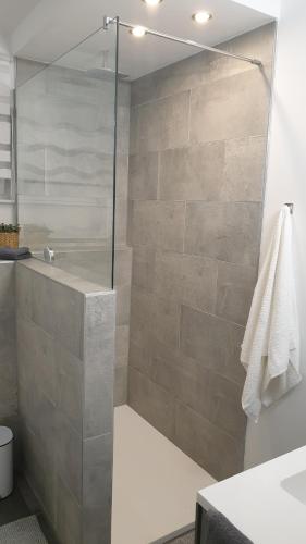a bathroom with a shower with a glass door at Apartment Airport Cologne in Cologne