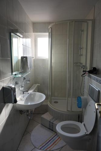 a bathroom with a shower and a toilet and a sink at Bone To in Salzgitter