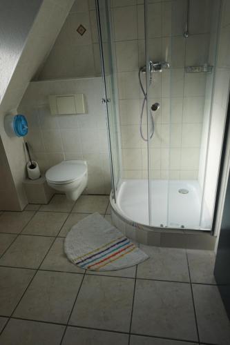 a bathroom with a shower and a toilet at Bone To in Salzgitter