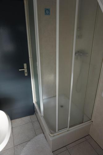 a shower with a glass door in a bathroom at Bone To in Salzgitter