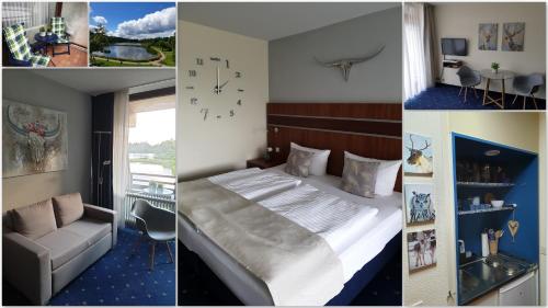 un collage de fotos de un dormitorio con cama en Apartment am Kranichsee Vier Jahreszeiten, en Hahnenklee-Bockswiese