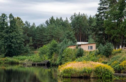 a house in the woods next to a lake at Ośrodek wypoczynkowy "Źródła Dobrej" in Olesno