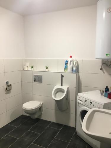 a white bathroom with a toilet and a sink at Elsa‘s Angelparadies in Dunafalva