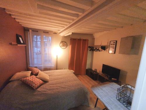 une chambre avec un lit et une télévision dans l'établissement LE PUITS HONFLEURAIS, à Honfleur