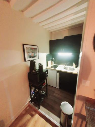 une petite cuisine avec un évier et un comptoir dans l'établissement LE PUITS HONFLEURAIS, à Honfleur