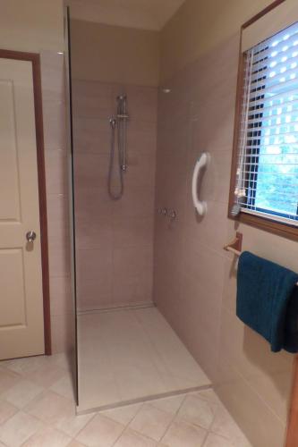 a bathroom with a shower with a glass door at Bungadoo Country Cottage in Bullyard