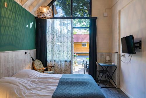 a bedroom with a bed and a window and a television at Hartjedalfsen in Dalfsen