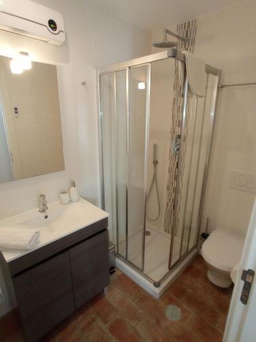 a bathroom with a shower and a sink and a toilet at Flamingo Beach House in Santa Luzia