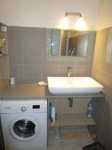a bathroom with a sink and a washing machine at Le Mabouya in Saint-François
