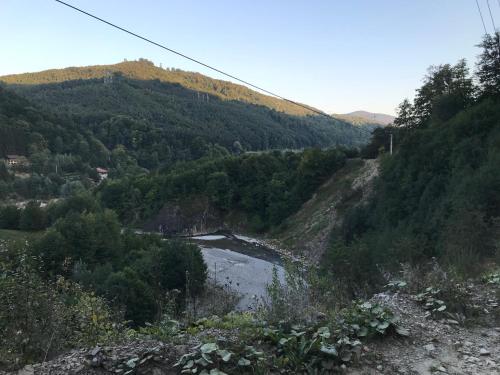 a river in the middle of a mountain at Căsuțele Doftanei in Teşila