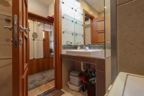 La salle de bains est pourvue d'un lavabo et d'un miroir. dans l'établissement BelArt apartment, à Belgrade