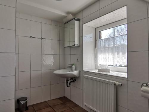 uma casa de banho com um lavatório e uma janela em Bleckmanns Hof em Werne an der Lippe