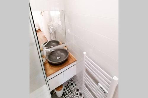 a small bathroom with a sink and a mirror at LE COCOON / PROCHE GARE / NETFLIX in Sens