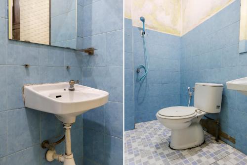 two pictures of a bathroom with a toilet and a sink at Good Sleep Balikpapan Mitra RedDoorz in Balikpapan