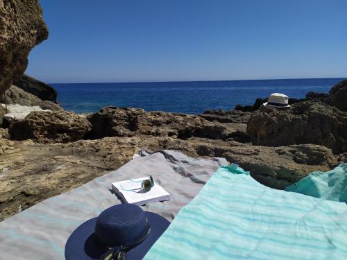 a person sitting on the rocks near the ocean at Loggos Summer House in Vasilikos