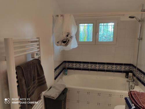 baño con bañera y ventana en Chez nano en Eauze