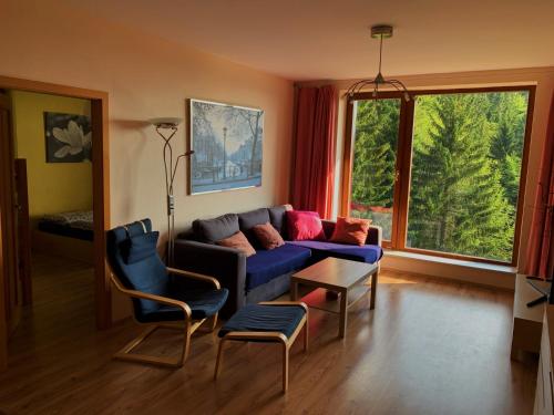 a living room with a blue couch and a large window at Apartmán Švadlenka in Rokytnice nad Jizerou