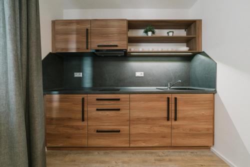 a kitchen with wooden cabinets and a sink at Lidový dům Opava in Opava