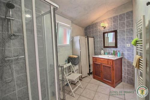 a bathroom with a shower and a sink at Gîtes Air Marin in Becléguer