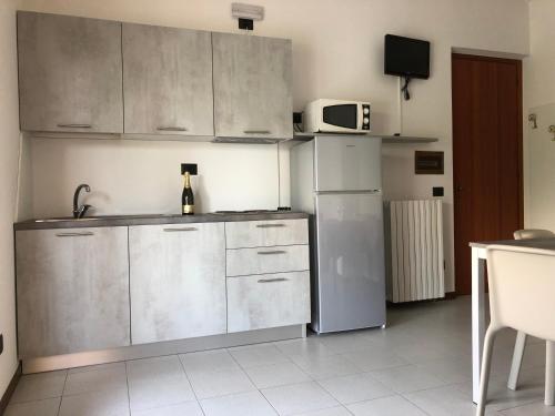 Ohana Apartments Camping Tiglio في سيرمِيوني: مطبخ مع دواليب حديد قابلة للصدأ وثلاجة