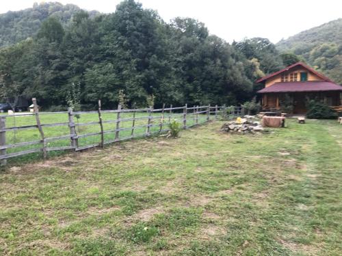 a fence in a field next to a house at Căsuțele Doftanei in Teşila