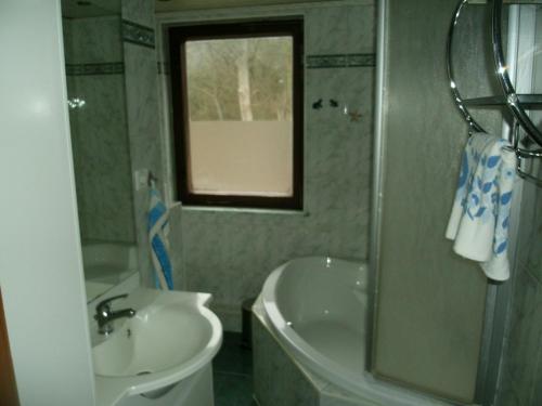 La salle de bains est pourvue d'une baignoire, d'un lavabo et d'une douche. dans l'établissement Ferienwohnung, à Harzungen