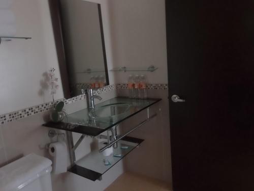 a bathroom with a sink and a mirror at Hotel Raldos Inn in Salamanca