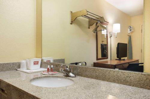 a bathroom counter with a sink and a mirror at Econo Lodge in Saint Robert