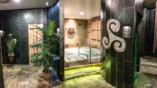 a bathroom with a shower with a shower at Kolštejn wellness centrum in Branná
