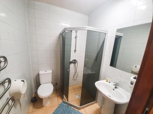 a bathroom with a shower and a toilet and a sink at Pasienis in Pasvaliečiai