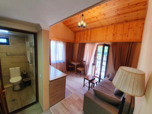 梅斯蒂亞的住宿－尼諾拉提阿尼旅館，带沙发的客厅和浴室。