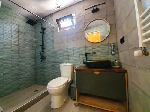 a bathroom with a toilet and a sink and a mirror at Nino Ratiani's Guesthouse in Mestia