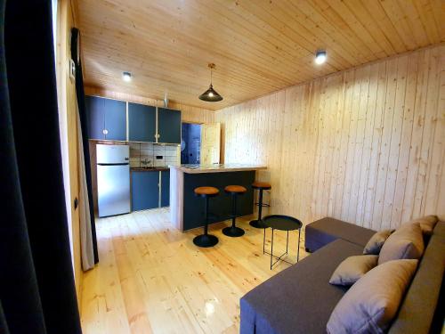 a living room with a couch and a kitchen at Nino Ratiani's Guesthouse in Mestia