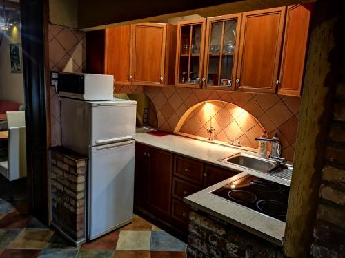 a kitchen with a white refrigerator and a sink at Fortuna Vendégház in Kiskunhalas