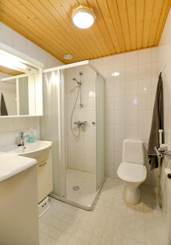 une salle de bains avec douche, toilettes et lavabo dans l'établissement Dasher Apartment, à Äkäslompolo