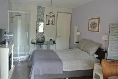 a bedroom with a large bed and a bathroom at B&B Von Clermont Park in Vaals