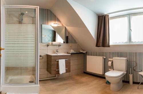 ein Bad mit einer Dusche, einem WC und einem Waschbecken in der Unterkunft Vakantielogies Cathedral in Gent