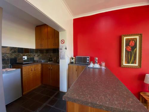 a kitchen with red walls and a counter top at The Welgemoed Guest House in Bellville
