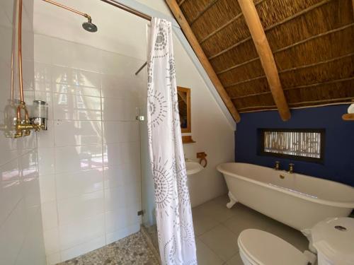 a bathroom with a tub and a toilet and a sink at The Welgemoed Guest House in Bellville