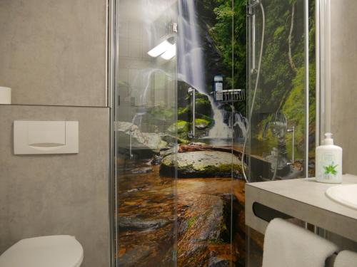 a bathroom with a shower with a painting of a waterfall at Landgasthof Adler in Künzelsau