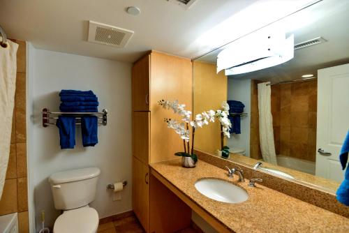 a bathroom with a toilet and a sink and a mirror at Deluxe Ocean front One Bedroom suite in Sandy Beach Resort in Myrtle Beach