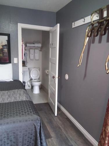 a bedroom with a bed and a toilet in a room at Modoc Inn in Alturas