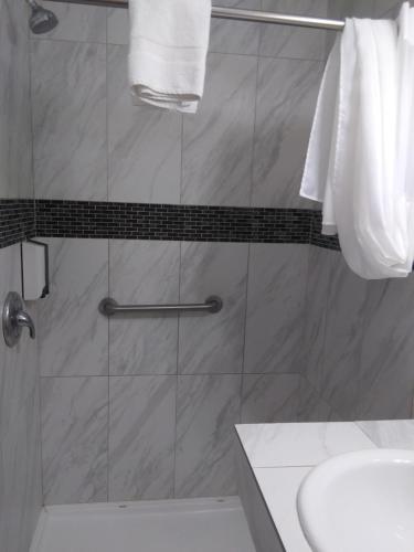 a bathroom with a shower with a glass door at Modoc Inn in Alturas