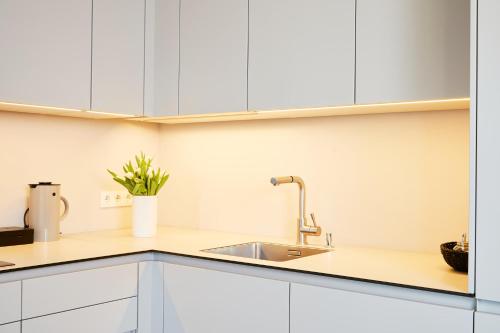 a kitchen with white cabinets and a sink at Fuchsbau Romantik Hotel & SPA Restaurant & FOX Bar in Timmendorfer Strand