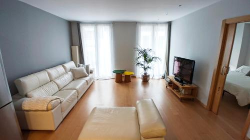 a living room with a white couch and a television at céntrico Apartamento Elai, Netflix, Coffee, posibilidad parking in San Sebastián