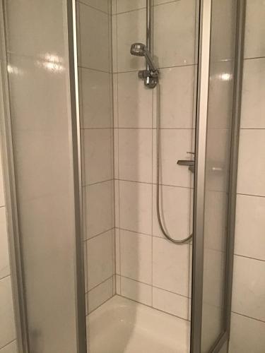 a bathroom with a shower with a glass door at Bokelrehm 3 in Bokelrehm