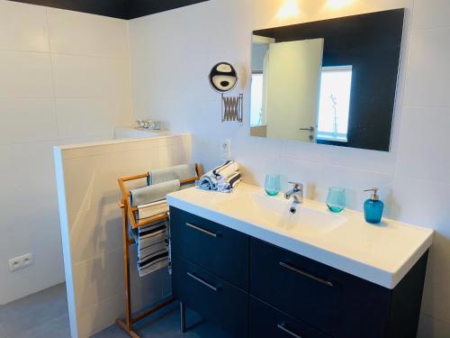 W łazience znajduje się umywalka i lustro. w obiekcie Jolie maison avec jardin. w mieście Hoeilaart